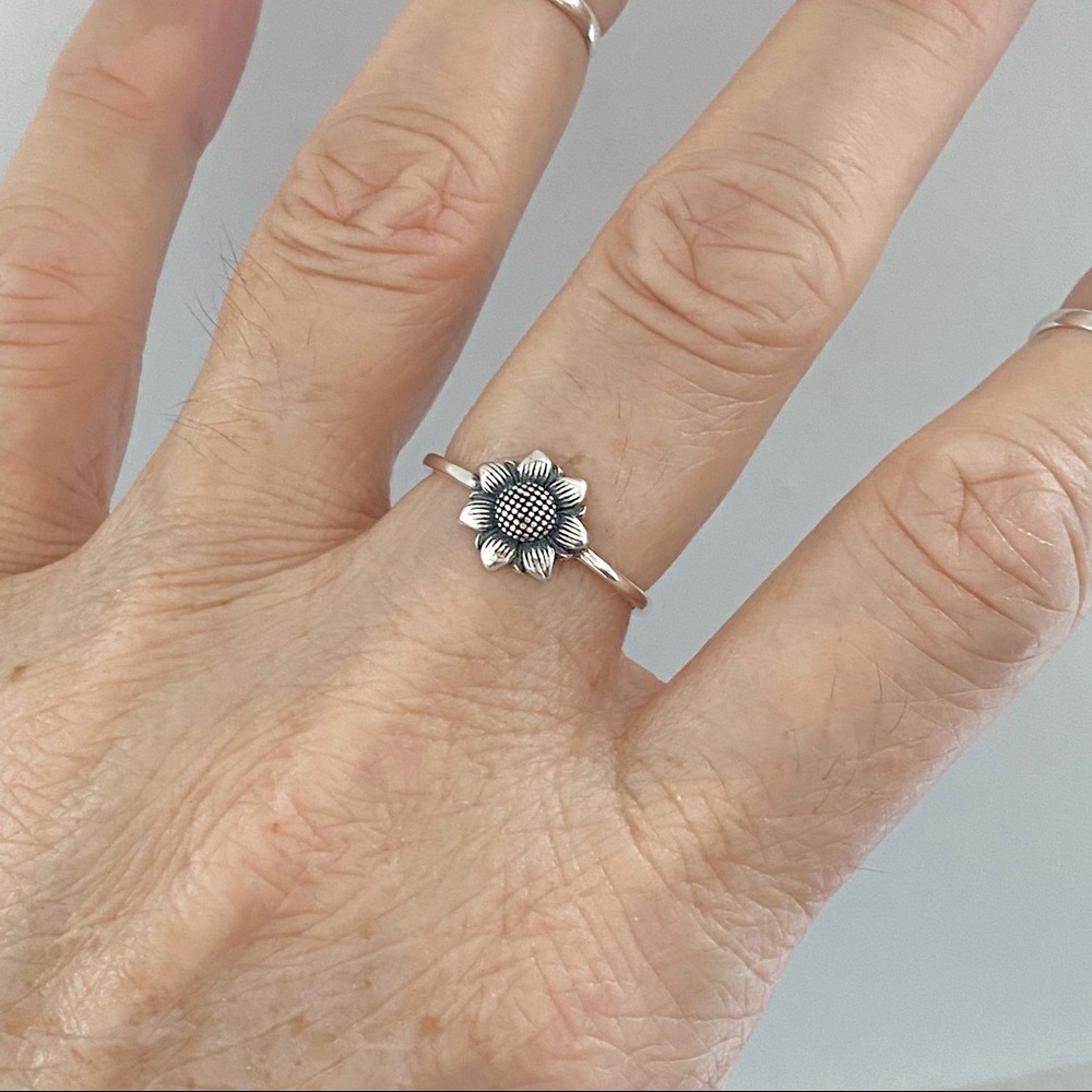 Sterling Silver Little Dainty Sunflower Ring, Silver Rings, Flower Jewelry